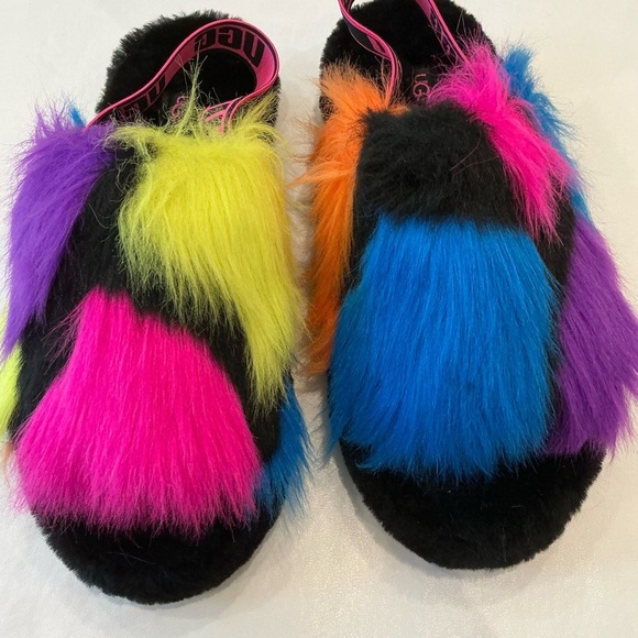 UGG Faux Fur Multicolor Fluffy Sling Slippers Size 9 - Picture 4 of 9